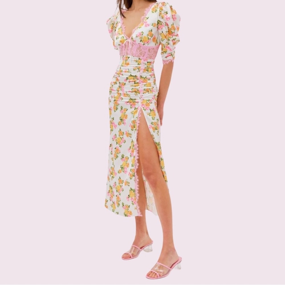 Women’s Xs Floral Dress For Love and Lemons Emma Midi Dress Silk w pink lace